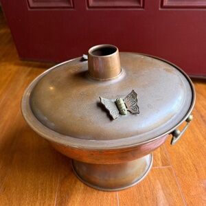 Mid Century Metal Korean Hot Pot Table Top Chafing Dish Handles Lid Butterflies.